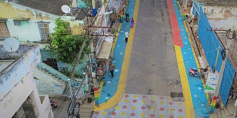 Paintings on the street as part of 'Street for People' at Satyanarayanapuram in Vijayawada. (Photo| EPS)