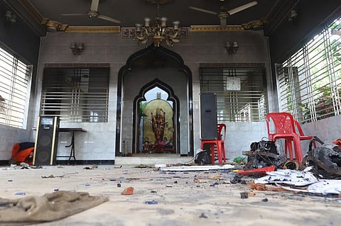 A vandalised temple is seen in Comilla on October 14, 2021. (Photo | AFP)
