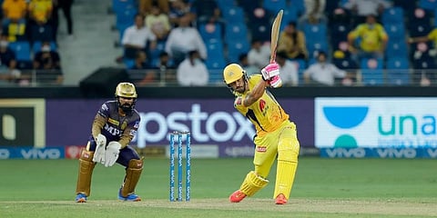 Faf du Plessis of CSK hitting a boundary during final of IPL 2021 between against KKR held at Dubai International Stadium in UAE on 15th October 2021. (Photo | Sportzpics for IPL)