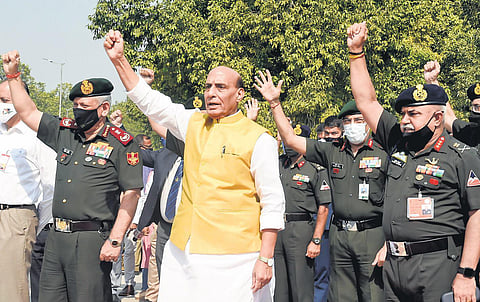 Rajnath Singh during the flag-off ceremony of a Border Roads Organisation expedition in New Delhi on Thursday | PTI
