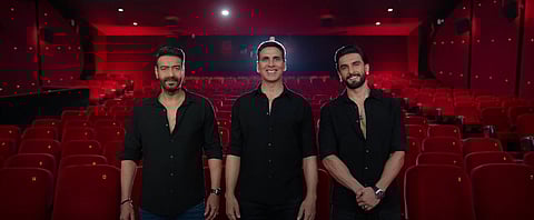 From left, Ajay Devgn, Akshay Kumar and Ranveer Singh, in the Sooryavanshi release announcement. (Photo | YouTube screengrab)