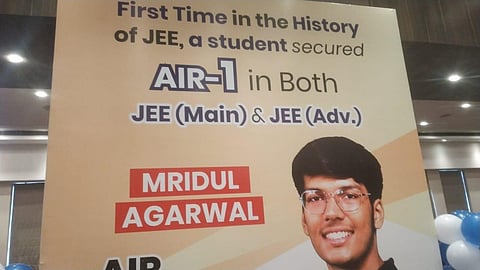 A poster features JEE Advanced 2021 topper Mridul Agarwal (Photo | EPS)