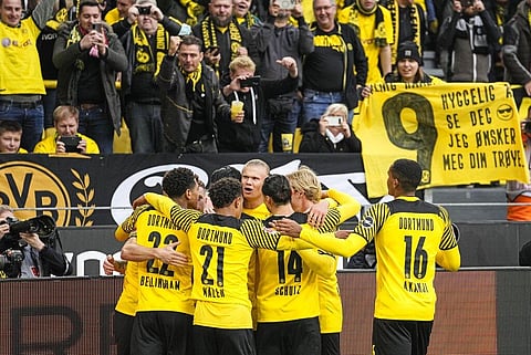 Dortmund's Erling Haaland celebrates after scoring goal during Bundesliga match agaisnt FSV Mainz 05 in Dortmund, Germany, Saturday. (Photo | AP)