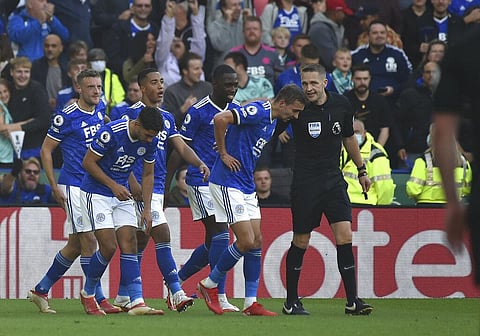 Leicester players celebrate after Jamie Vardy scored his side's third goal during match agaisnt Man United at King Power stadium in Leicester, England, Saturday (Photo | AP)