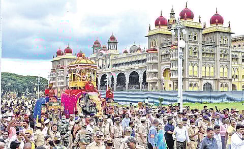 Abhimanyu, carrying the 750-kg golden howdah, with the idol of Goddess Chamundeshwari during the Jamboo Savari on the Palace premises in Mysuru on Friday | Udayshankar S