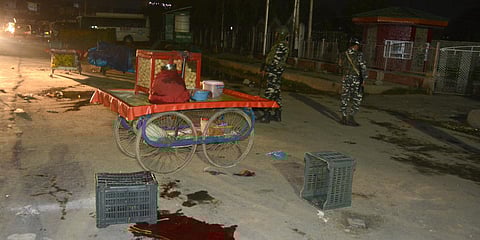 Blood stains and slipper at the spot where militants shot dead a non-local Arbind Kumar, at Eidgah in Srinagar. (Photo| PTI)