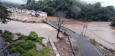 The water level has increased in Pampa river in Sabarimala following the incessant rain on Saturday. (Photo | Shaji Vettipuram)