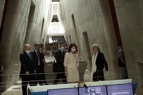 Swedish Foreign Minister Ann Linde, second from right, pauses at a display at the Yad Vashem Holocaust Memorial in Jerusalem (Photo | AP)