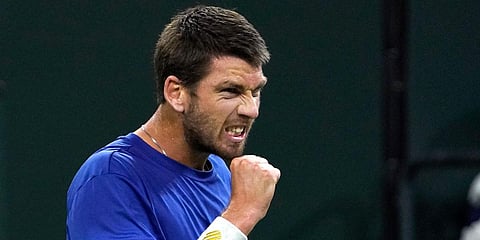 Cameron Norrie celebrates after winning against Nikoloz Basilashviliin the final at the BNP Paribas Open tournament. (Photo| AP)