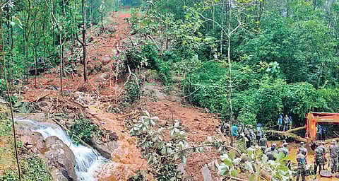 A scene from landslide-struck Kavali in Koottikkal, where a  six-member family was washed away. Their house was situated in the middle of the landslide path. (Photo | EPS, Vishnu Prathap)