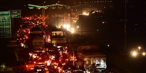 Vehicles pile up at the Gudur toll plaza on the Hyderabad-Warangal highway. (Photo| EPS)
