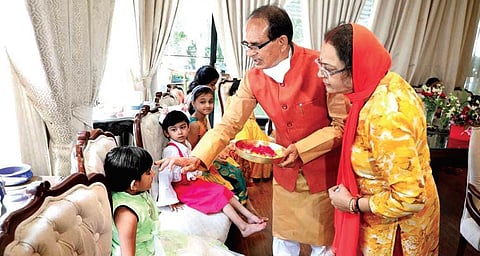 MP CM and his wife perform Kanya Pujan at their residence on Bhopal. (File Photo | Express)