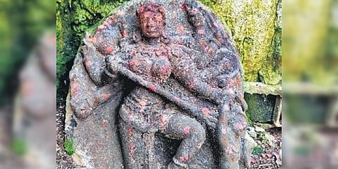 A statue of Mahishasura Mardini from the Kalyani Chalukyan era outside a cave. (Photo| EPS)