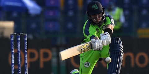 Ireland's Curtis Campher plays a shot during the ICC men’s Twenty20 World Cup. (Photo | AFP)