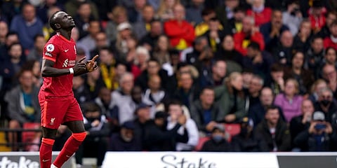 Sadio Mane seen celebrating after scoring during his Liverpool days. (File Photo | AP)