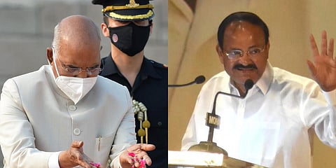 President Ram Nath Kovind pays floral tributes to Mahatma Gandhi at Raj Ghat (L) and Vice-President M Venkaiah Naidu. (Photo| PTI and Twitter)