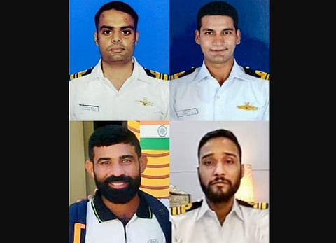 Lt Cdr Rajnikant Yadav, Lt Cdr Yogesh Tiwari, Lt Cdr Anant Kukreti, Hari Om MCPO, four of the six Naval mountaineers whose mortal remains have been retrieved. (Photo | PTI)