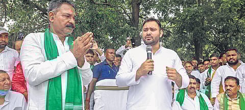 RJD leader Tejashwi Yadav during by-election campaign in Tarapur on Tuesday | PTI