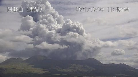 Smokes rise from the No. 1 Nakadake crater of Mr. Aso after its eruption, observed from Kurumagaeri, southwestern Japan. (Photo | AP)