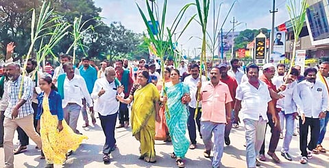 Farmers, led by the Raitha Sangha activists Sunanda Jayaram and others, who called off their strike following Chief Minister Basavaraj Bommai’s decision to revive MySugar, take out a victory processio