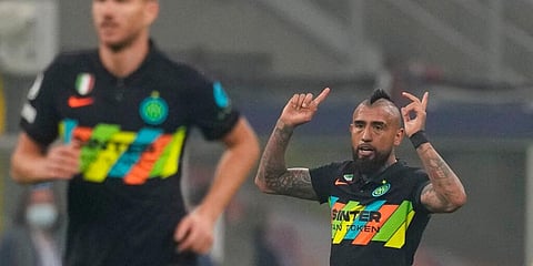 Inter Milan's Arturo Vidal (R) celebrates after scoring against Sheriff. (Photo | AP)