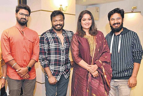 Meghana Raj along with director Vishal (L), Producer Pannaga Bharana and music director Vasuki Vaibhav
