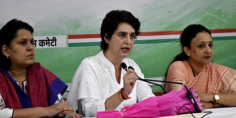 Congress General Secretary Priyanka Gandhi Vadra addresses a press conference at UPCC Office, in Lucknow. (Photo | ANI)