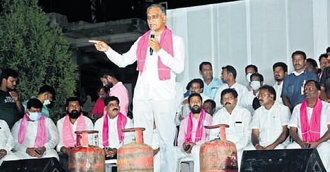 Finance Minister T Harish Rao speaks during an election campaign in Jammikunta