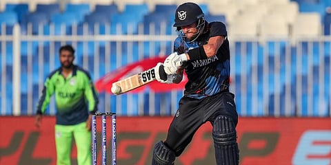 Namibia's captain Gerhard Erasmus bats during the Cricket Twenty20 World Cup first round match between Namibia and Ireland in Sharjah, UAE, Friday, Oct. 22, 2021. (Photo | PTI)