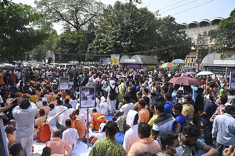 Members of Hindu Buddhist Christian Unity council stage a demonstration in Dhaka on October 23, 2021, to protest violence against Hindu community in Bangladesh. (Photo | AFP)