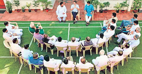 Congress leader Rahul Gandhi with Gujarat PCC leaders during the meeting in New Delhi | pti