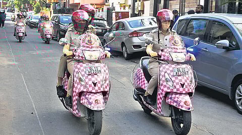 Police women personnel during launch of Veera Squad and Pink Booth to bring women police officers to the forefront at Karol Bagh in New Delhi. (Photo | Parveen Negi, EPS)