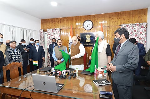 Union Home Minister Amit Shah inaugurating a direct international flight service between Srinagar and Sharjah (UAE). (Photo | Twitter/ANI)