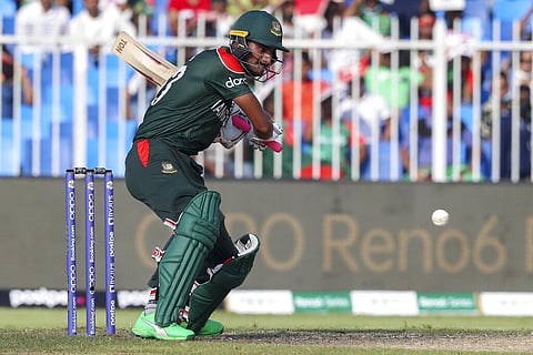 Bangladesh's Mohammad Naim bats during the Twenty20 World Cup match between Sri Lanka and Bangladesh in Sharjah, UAE, Sunday, Oct. 24, 2021. (Photo | AP)