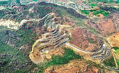 Aerial view of 1st phase of ghat road leading to Kondaveedu Fort. (Photo | Express)