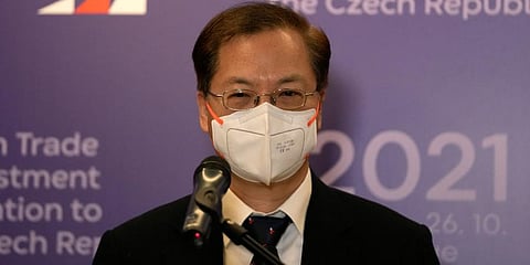 The Minister of National Development Kung Ming-hsin addresses media during a press conference in Prague, Czech Republic. (Photo | AP)