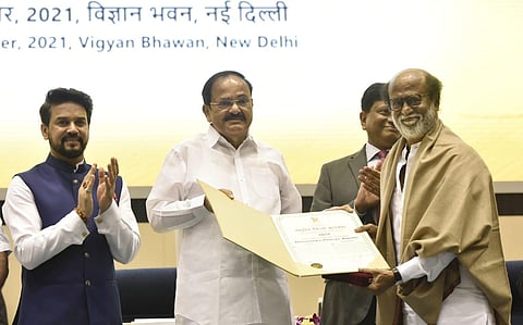 Rajinikanth receives Dadasaheb Phalke award from vice president Venkaiah Naidu. (Photo | EPS/Shekhar Yadav)