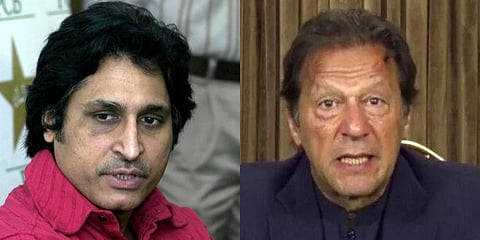 Pakistan Cricket Board chief Ramiz Raja (L) and PM Imran Khan. (File photo| AFP)