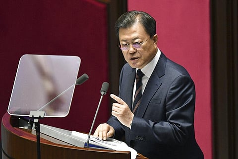 South Korea's President Moon Jae-in delivers a speech at the National Assembly in Seoul Monday, Oct. 25, 2021. (Photo | AP)