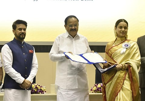 Kangana Ranaut receives the national award from Vice President Venkaiah Naidu. (Photo | EPS/Shekhar Yadav)