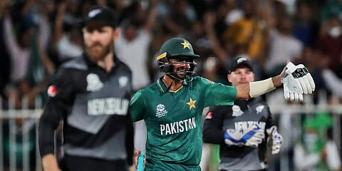 Pakistan's Shoaib Malik celebrates his team's win during the T20 World Cup match against New Zealand in Sharjah. (Photo| ANI)