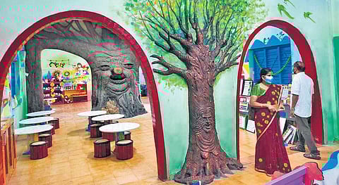 Four artists of Kasaragod came together to design the pre-primary section and the entrance arch, which hides 31 Panchatantra tales in it for the children to discover.