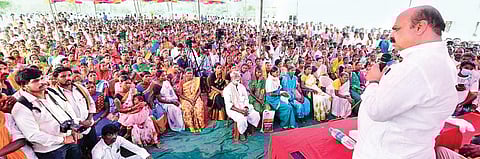 Chief Minister Basavaraj Bommai addresses voters during a campaign at Kopparasikoppa in Hanagal on Tuesday | EXPRESS