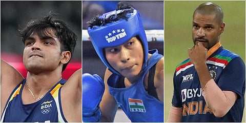 (From left) Neeraj Chopra, Lovlina Borgohain and Shikhar Dhawan. (File photo| AP and PTI)