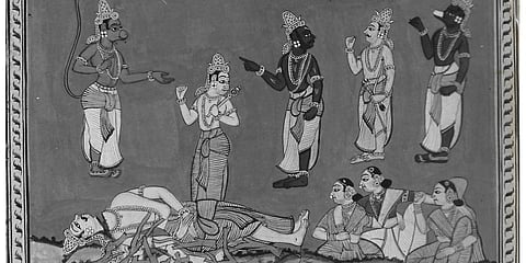 Ravana's Funeral, a painting on paper (dated 9 October 1757) by Nandigam Nagesam and Kamaroutu Venkatesam  of Rajahmundry, Andhra Pradesh.