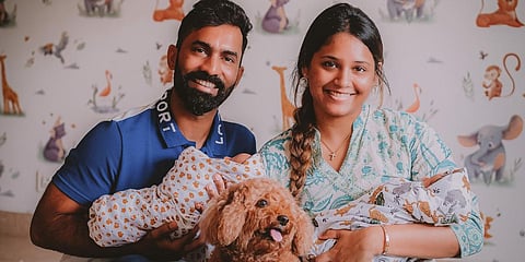 Dinesh Karthik and his wife Dipika Pallikal with his twin boys. (Photo| Twitter)