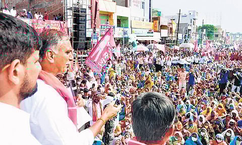 Finance Minister T Harish Rao addresses a gathering at Jammikunta mandal, on Wednesday