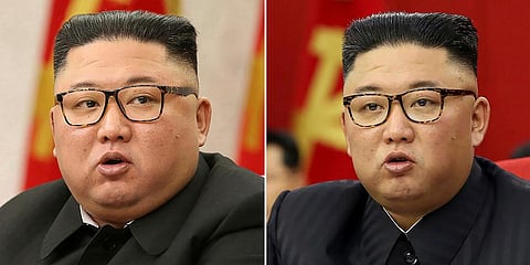 North Korean leader Kim Jong Un at Workers' Party meetings in Pyongyang, North Korea, on Feb. 8, 2021 (L) and June 15, 2021. (Photo | AP)