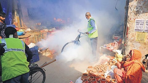 AAP MLAs and councillors inaugurate fogging campaign across Delhi. (Photo | Shekhar Yadav, EPS)
