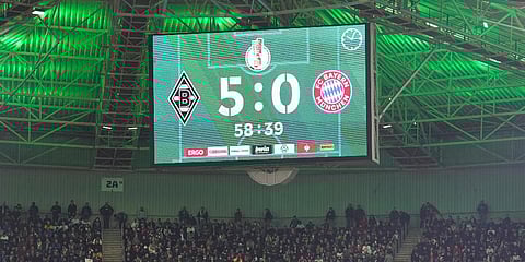 The display shows result during the German Cup match between Borussia Moenchengladbach and Bayern Munich. (Photo | AP)